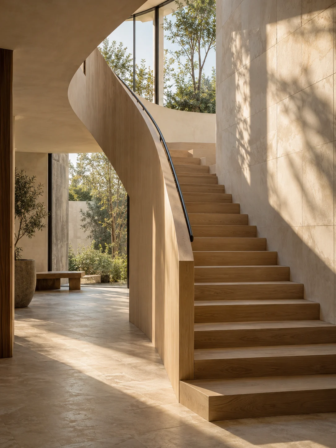 A light-filled interior with an oak staircase leading upwards